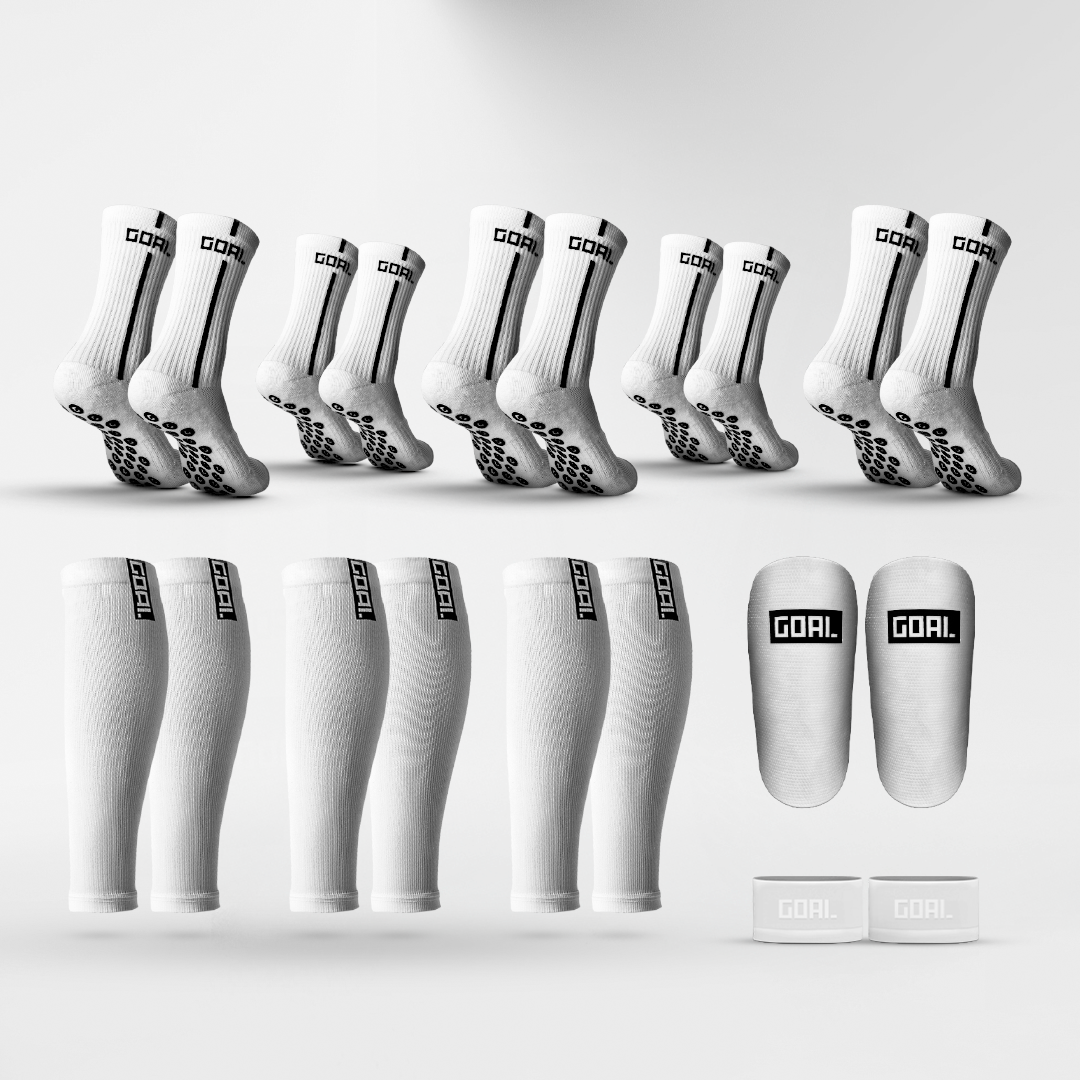 GRIP SOCKS x5 + CALF SLEEVES x3 + SHIN PADS + TAPES