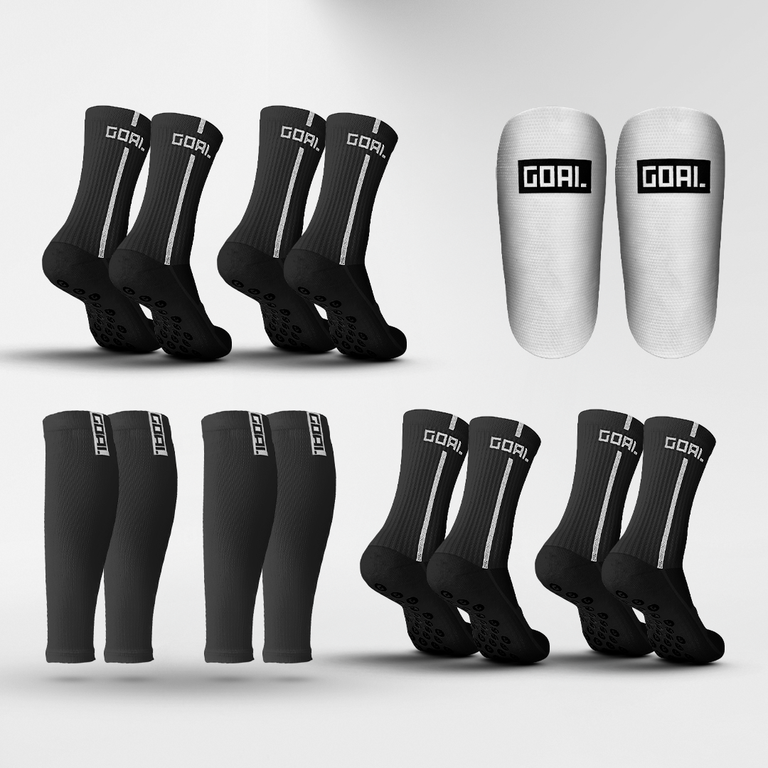 GRIP SOCKS x4 + CALF SLEEVES x2 + SHIN PADS