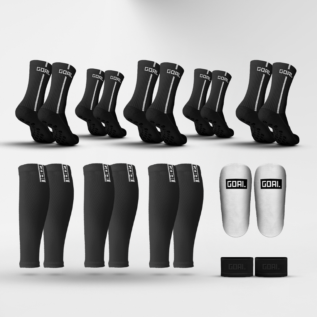 GRIP SOCKS x5 + CALF SLEEVES x3 + SHIN PADS + TAPES